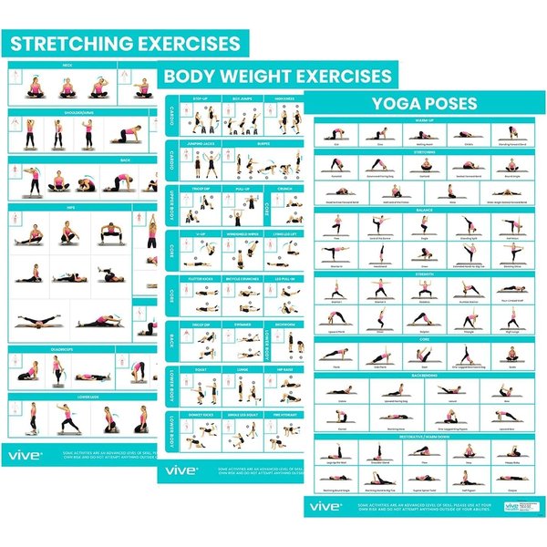 Vive Workout Posters (3 Pack) - Bodyweight, Yoga, Stretching Exercise Pack - Home Equipment Accessories Fitness Guide Chart Motivation Sequence for Women, Men, Kids - Laminated, Colored Illustrations
