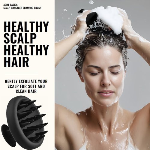 Acme Basics Scalp Massager Shampoo Brush, Silicone Shower Hair Scrubber for Hair Care, Growth, Washing and Exfoliating. Premium Quality & Durable. Perfect Solution for a Healthy Scalp (Black)