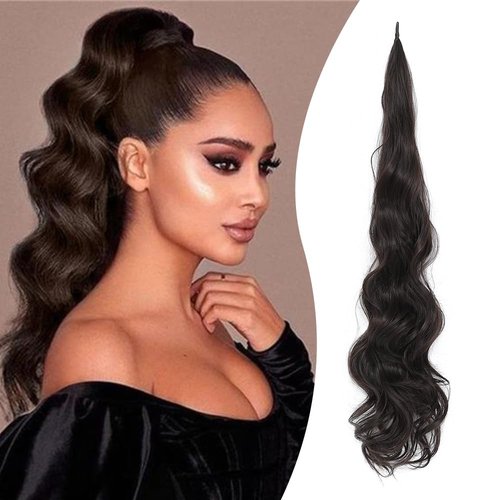DORILA Ponytail Extension 32 Inch Flexible Wrap Around Ponytail Hair Extensions Long Curly Pony Tails Hair Extensions Wavy Hair Ponytails Hairpieces For Women Daily Use (2#,Natural Black)
