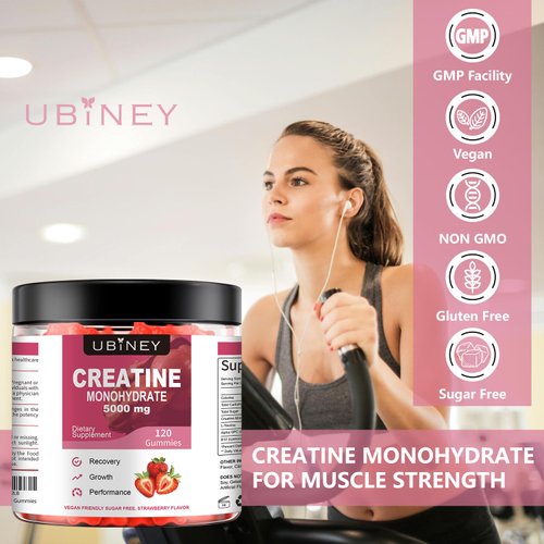 Creatine Monohydrate Gummies with Vitamin B12 Sugar & Gluten Free 5000mg Chewable Creatine for Women & Men, L- Taurine Supplements for Recovery, Growth & Performance, Vegan Strawberry Flavor 120 Count