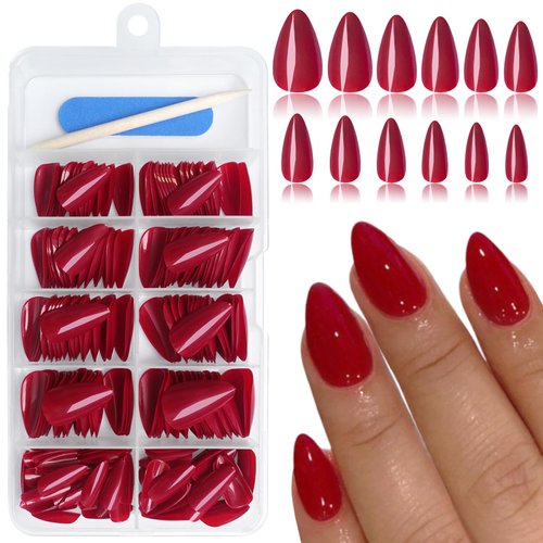 Bellelfin 240Pcs Almond Press on Nails Short, Glossy Red Fake Nails Full Cute False Nails Solid Color Acrylic Almond Nails Press on with 5 Sheets Adhesive Tabs for Women Girls Fingernails Artificial