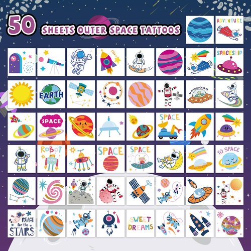 EMOME 50 Sheets Individually Wrapped Space Kids Tattoos Temporary for Boys, Space Tattoo Stickers for Outer Space Party Favors, Spaced Themed Party Supplies for Astronaut Birthday Decorations