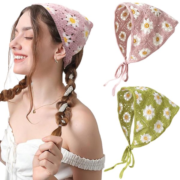 FULZTEY Crochet Bandana Headbands Pink Knitted Headscarf White Daisy Headwrap Foral Hair Bandanas Vintage Hippie Headband Tie Bcak Head Kerchief Boho Hair Accessories 2Pcs