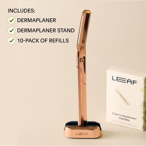 Leaf Shave | The Leaf Dermaplaner Kit, Mercury - All-Metal Facial Razor and Exfoliating Tool for Women; Includes 1x Dermaplaner, 1x Stand, & 12x Refills