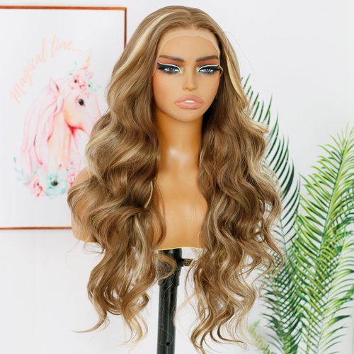 ANDRIA Blonde Skunk Stripe Lace Front Wigs Long Body Wave Glueless Natural Wave Transparent lace Wig Synthetic Heat Resistant Fiber Hair Wig Pre Plucked With Baby Hair For Women 24 Inch