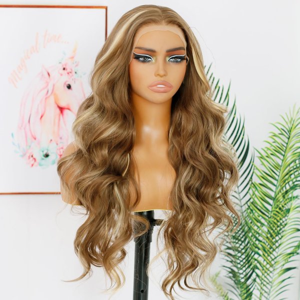 ANDRIA Blonde Skunk Stripe Lace Front Wigs Long Body Wave Glueless Natural Wave Transparent lace Wig Synthetic Heat Resistant Fiber Hair Wig Pre Plucked With Baby Hair For Women 24 Inch