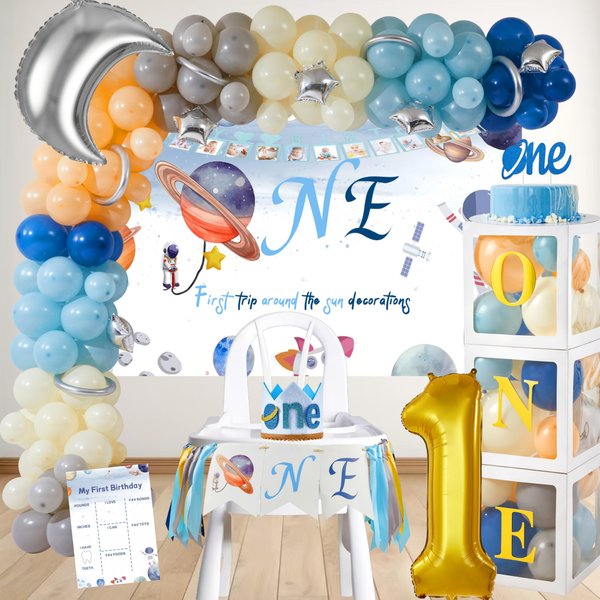 First Trip Around The Sun Birthday Decorations，Space Themed Baby Shower Decor, Space Theme 1st Birthday Party Decorations Banner, Backdrop, Balloons for Birthday Party Supplies Space Decor