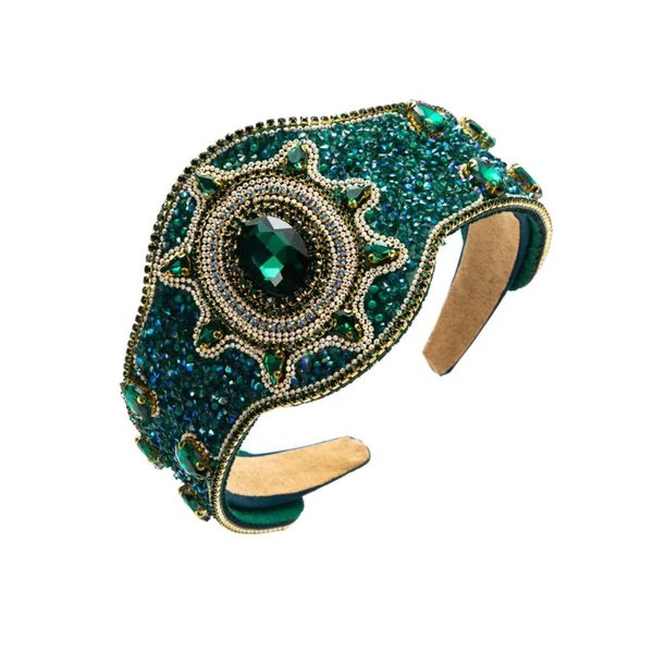 Rhinestone Upholstered Court Style Full Diamond Headband Baroque Vintage Crystal Headband European and American Style (green)