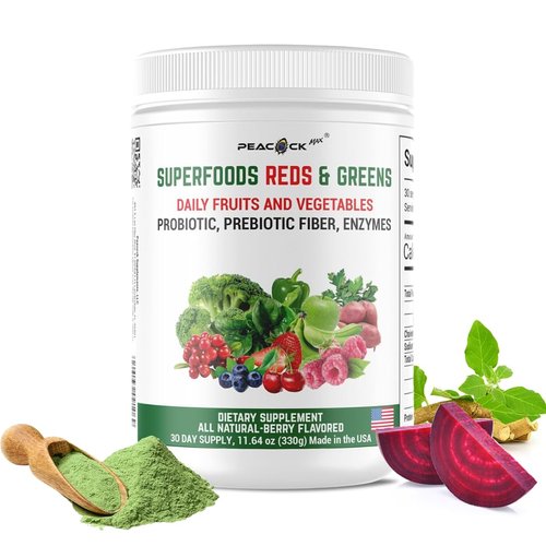 Peacock Max Superfood Reds & Greens Powder - 11.64 oz, Prebiotics & Probiotics for Digestive Health, Super Greens Powder with Ashwagandha for Gut Health, Immunity, Antioxidants, Vegan, Non-GMO