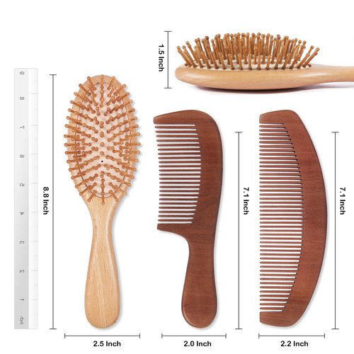 Natural Wood Hair Brush with Wooden Bristles Massage Scalp Comb and Peach Wood Beard Comb for Men and Women 3 pcs