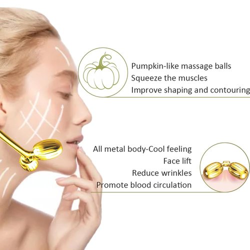Yeamon Face Massager, Metal Face Roller Gua Sha Massage Tool for Face Neck Eye Body Skin Care, Facial Roller for Women(Gold)