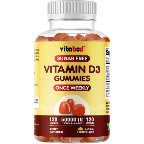 Vitabod Sugar Free Vitamin D3 50,000 IU Weekly Supplement - 120 Vitamin D Gummies for Bones, Teeth, and Immune Support - Easy Chew Pure Vitamin D3 50000 IU- Non GMO Pills