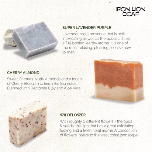Iron Lion Soap - Assorted Organic Soap Bar - Made in USA - Plant Based, Vegan, Cold Process Handmade Soap - Moisturizing Bath Soaps for All Skin Types - (6 Pack)