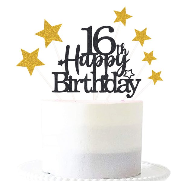 Pargleev Glittery 16th Happy Birthday Cake Topper with Star,Personalised 16 Birthday Cake Toppers Party Decorations Party Supplies for Boys Girls Black Gold