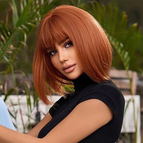 PHOENIXFLY Short Auburn Bob Wig With Bangs -12 Inch Natural Fashion Bob Wigs for Women, Cute Colored Synthetic Wig for Daily Party Halloween (Auburn)