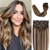 Clip in Hair Extensions, Human Hair 7Pcs 120g Clip in Extensions,Ombre Chocolate Brown to Honey Blonde Highlights Balayage Real Hair Extensions Clip in Straight Remy Human Hair Extensions 14 Inch