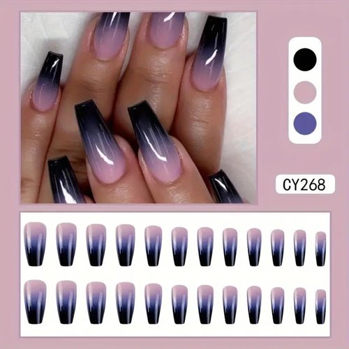 Medium Press on Nails Coffin Fake Nails Purple and Black Gradient French Press on False Nails Acrylic Nails Full Cover Glossy Glue on Nails Medium Reusable Artificial Stick on Nails for Women Girls