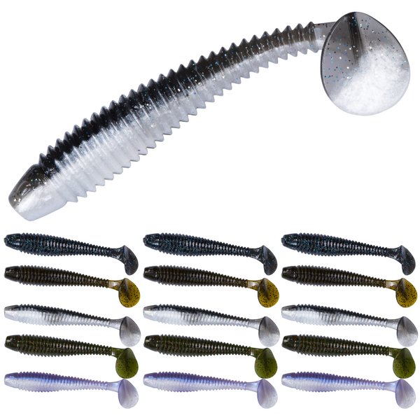 Bombrooster Paddle Tail Swimbaits, 4.75" Soft Plastic Bait Ribbed Swim Bait 15pcs, Fishing Lure with Paddletail Bass Fishing