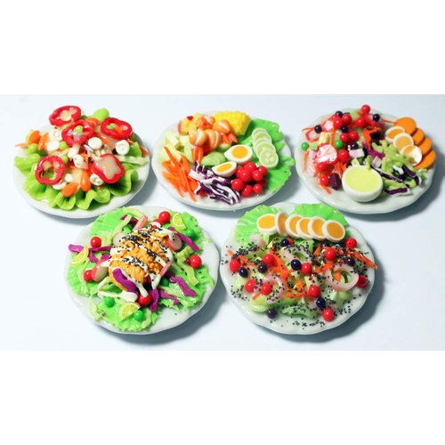 ThaiHonest Set 5 Assorted Dollhouse Miniature Salad,Tiny Food On Ceramic Plate, Dollhouse Accessories for Collectibles