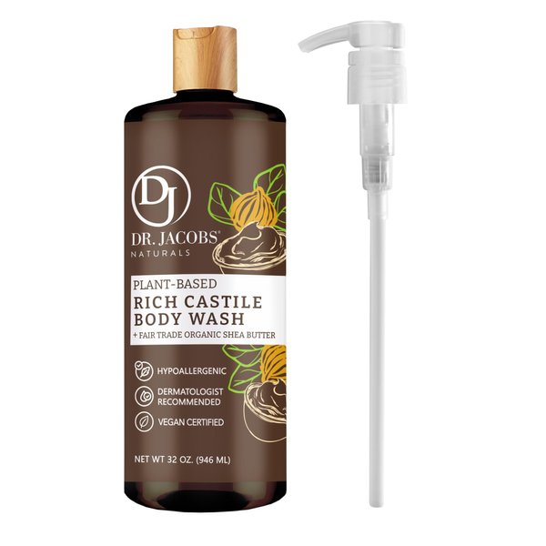 DR. JACOBS NATURALS Castile Sandalwood All-Natural Body Wash for Moisturizing Dry and Sensitive Skin Shampoo with Plant-Based Ingredients Gluten, Preservatives-Free Formula - 32 oz, with Pump