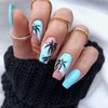LBPEPAMZ 24 Pcs Summer Press on Nails Medium Square Fake Nails Coconut Tree Palm Pattern Artificial Nails Ocean Beach Tropical Style Design False Nail Glossy Glue on Nails Full Cover for Women Girls