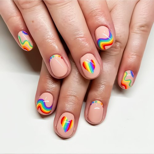 Rainbow Pride Month Press On Nails Colorful Stripes Fake Nails Summer False Nails Glossy Acrylic Full Cover Nails Rainbow Heart Artificial Nails for Women Girls Manicure Decorations