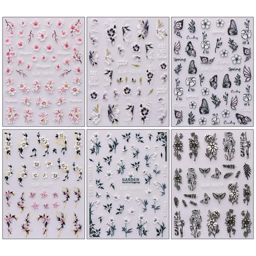 JMEOWIO 6 Sheets 3D Embossed Spring Flower Nail Art Stickers Decals Self-Adhesive Pegatinas Uñas 5D Colorful Summer Floral Leaf Nail Supplies Nail Art Design Decoration Accessories