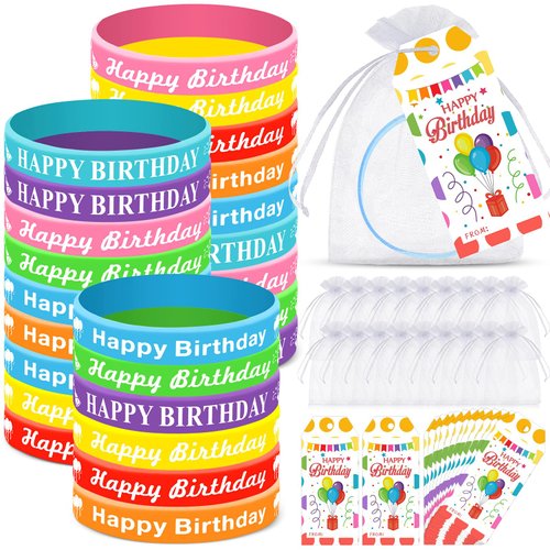 Landical 24 Set Christmas Birthday Classroom Gifts, Happy Birthday Silicone Wristband Gift Set with Gift Tags Organza Bags for Birthday Party Favors Prizes Gift Bag Fillers(Light)