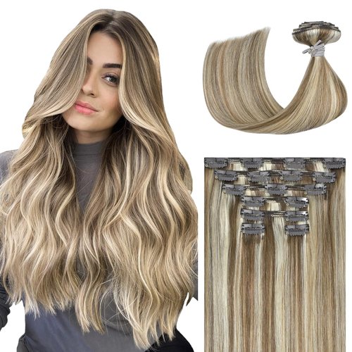 Ukira Blonde Hair Extensions Real Human Hair Clip in, 14 Inch 120g Ash Blonde Highlighted Bleach Blonde, Clip in Hair Extensions Real Human Hair, Remy Human Hair Extensions Clip ins for Women