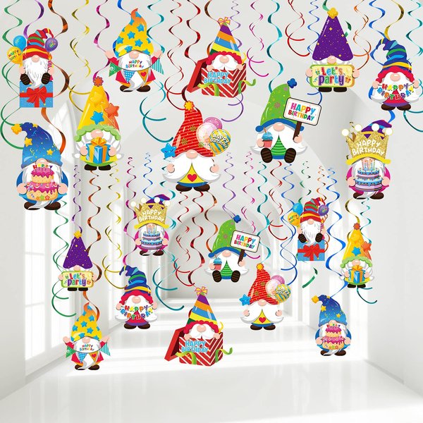 30 Pieces Happy Birthday Swirls Decorations Gnomes Birthday Hanging Swirl Gnomes Hanging Swirls Ceiling Birthday Hanging Swirls Streamers for Birthday Party Decorations Supplies Ornaments, 10 Patterns