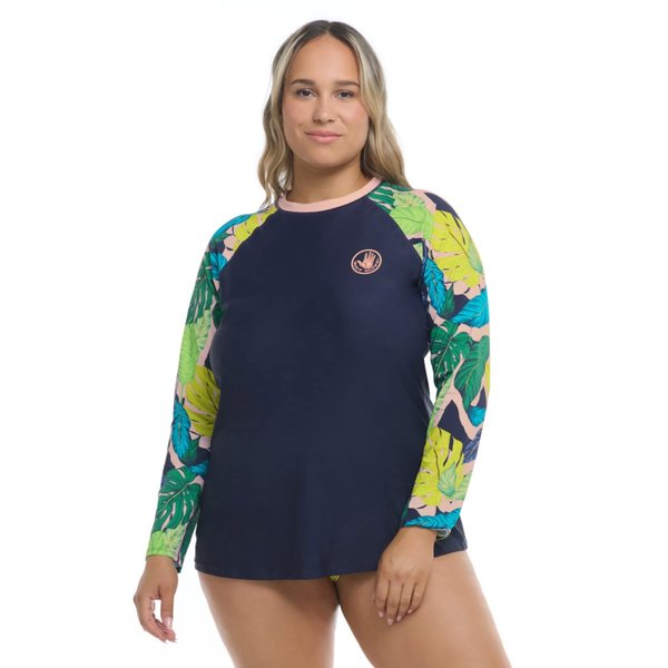 Body Glove Women's Sleek Long Sleeve Rashguard with UPF 50, Manoa Falls Leaf Print, 2X