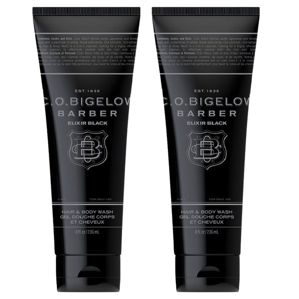 C.O. Bigelow Men's Hair and Body Wash, Elixir Black, No. 1605, 8 fl oz, Mens Body Wash & Shampoo, Musk & Vanilla Moisturizing Mens Shampoo & Body Cleanser, Pack of 2