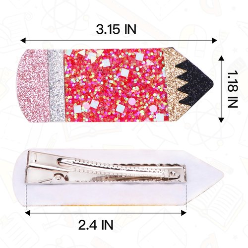 Back To School Hair Clips, Beleki 5PCS Pencil Hair Clip for Girls Teacher Appreciation Glitter Sparkly Funny Pencil Hair Clip Hair Accessory for First Day of School