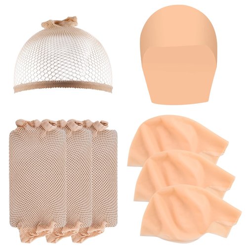 WXJ13 4 Packs Halloween Makeup Latex Bald Caps with 4 Nylon Wig Caps for Kids Teens, Head Wig Cap Costume for Halloween Party Adult Costume Accessory