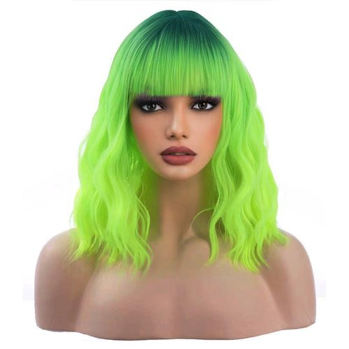 incohair Ombre Green Wigs for Women 14 Inches Short Wavy Neon Green Wig With Bangs Fluorescent Green Short Wigs for Cosplay Party Daily Wigs Wig Cap Included