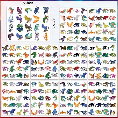 200PCS Dragon Fire Wings Tattoo Stickers - Dragon Theme Party Favors Waterproof Removable Temporary Tattoo Decoration Party Supplies Gifts for Kids