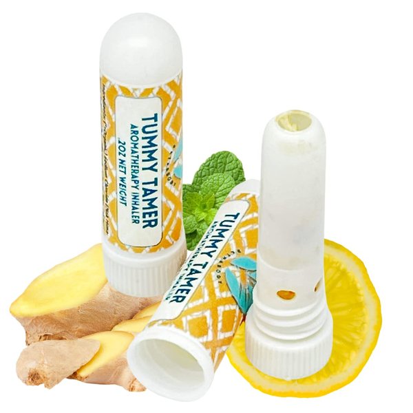 TUMMY TAMER 2PK Nausea Inhaler w/Pink Salt, Menthol, Ginger, Peppermint, Basil & Lemon Oils | Fast Acting Aromatherapy | Motion Morning Sickness | Migraine | Chemo | Stocking Stuffer Gift