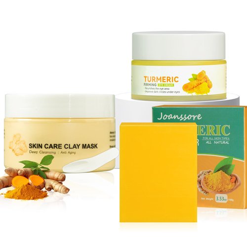 Turmeric Soap Bar Turmeric Clay Mask Turmeric Eye Cream Set of 3, Turmeric Facial Mask for Face with Kaolin Clay, Control Oil & Deep Cleansing, Natural Turmeric Soap for Acne, Blackheads & Smooth Skin