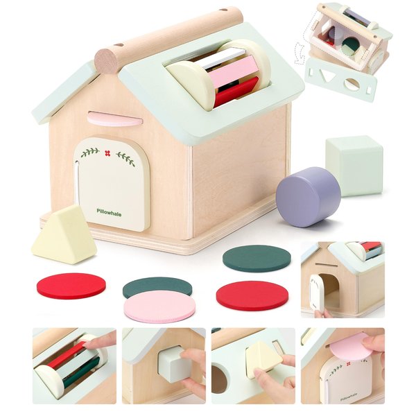 Pillowhale Montessori Toys for Babies 12 Months, Wooden Baby Drop Toys, 5 in 1 Object Permanence Box, Shape Sorting and Stacking Learning Toys, Sensory Play House for Toddlers Boys Girls 1 Years