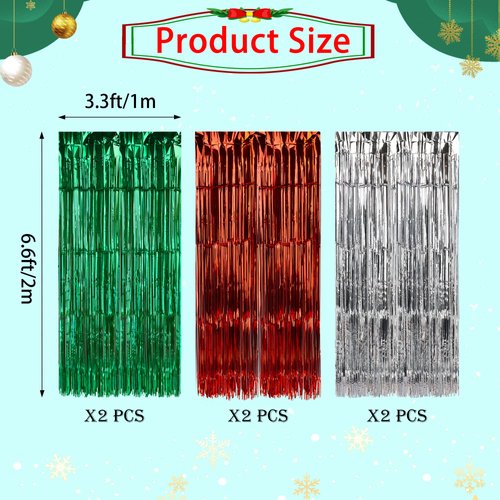 Lucleag 6Pcs Christmas Foil Fringe Curtains, 3.3X6.6Ft Christmas Fringe Curtain Backdrop, Red Green Silver Metallic Tinsel Foil Fringe Streamers Curtains Background for Christmas Party Supplies