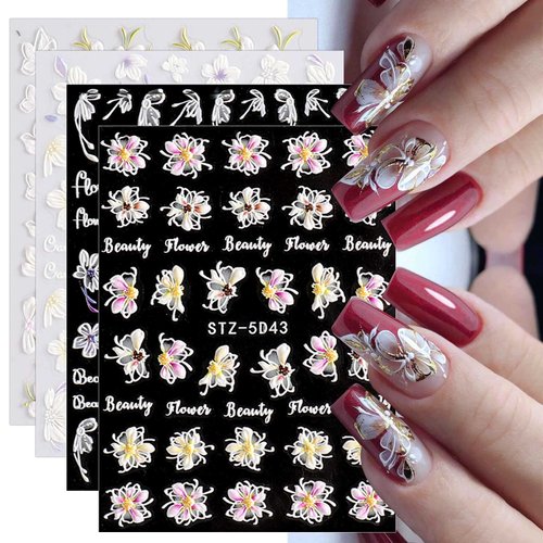 3D Embossed Spring Flower Nail Art Stickers Decals 4 Sheets 5D Self-Adhesive Pegatinas Uñas Pink Cherry Blossoms Floral Nail Supplies Nail Art Design Decoration Accessories