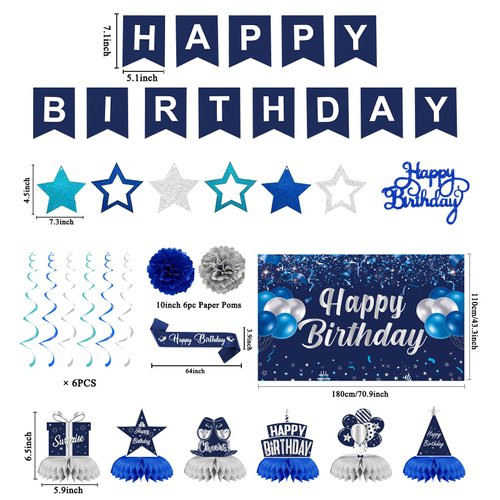 Trgowaul Happy Birthday Decorations for Men Women, 22 PCS Blue Birthday Set, Navy Blue Birthday Banner Backdrop, Honeycomb Balls&Hanging Swirl, Birthday Party Decorations Supplies for Boys Girls