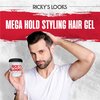 Ricky's Looks Mega Hold Styling Hair Gel for Curly, Frizzy, Straight, Wavy & Fine Hair - Flake Free, Strong Hold and Shine - For All Hair Types - Men & Women