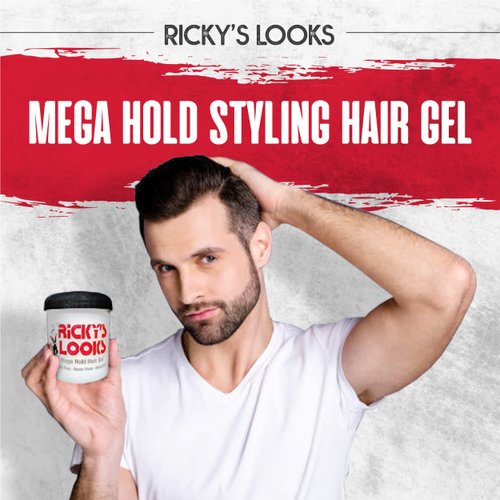 Ricky's Looks Mega Hold Styling Hair Gel for Curly, Frizzy, Straight, Wavy & Fine Hair - Flake Free, Strong Hold and Shine - For All Hair Types - Men & Women