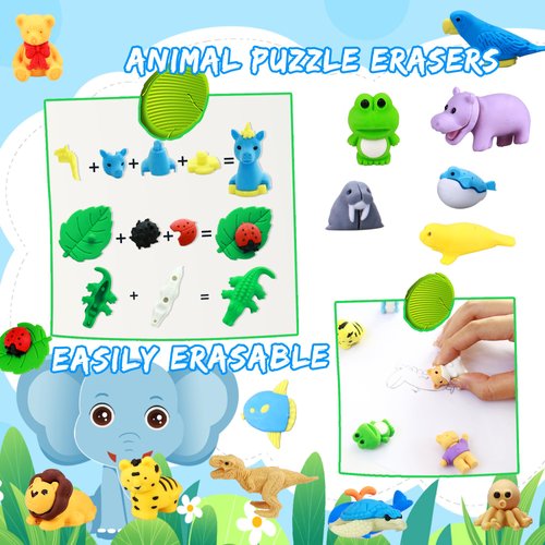 Megoogo 58 Pcs Animal Erasers Desk Pets Mini 3D Erasers Bulk Puzzle Erasers Gifts for Classroom Prizes Game Rewards Treasure Box Party Favors Goodie Bag Stuffers