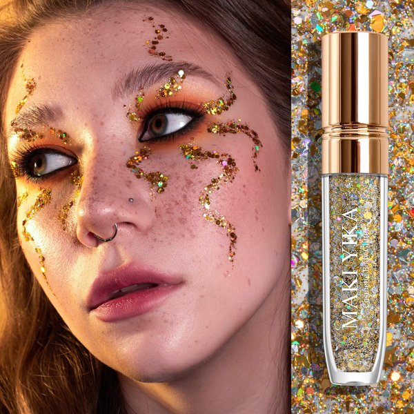 Body Glitter Rave Accessories, Face Glitter Makeup Mermaid Sequins for Eye Hair, Singer Concerts Party Festival Sparkling Chunky Glitter for Women Kids (Gold Body Glitter)