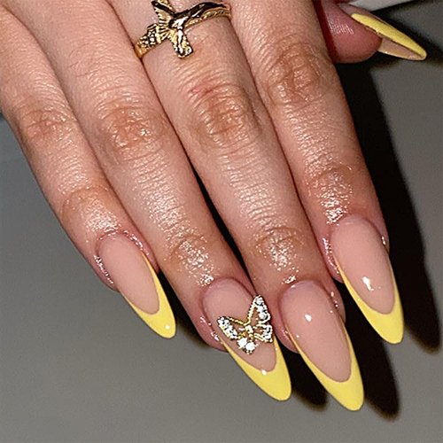 BAOYAALIN Almond Press on Nails Short Medium French Tips Yellow Fake Nails with 3D Gold Butterfly Gel Glue on Nails for Women Girls Acrylic False Stick on Nail Manicure Decorations for Wedding 24Pcs