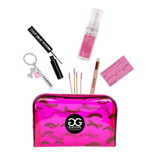 Eyelash Extensions Aftercare Kit Professional - Gift Bag - 25 Spoolies - Eyelash Cleaning Brush - Lash Lock Coating Sealant - Wash & Wink Lash Shampoo And Conditioner - I Love Lashes Necklace And More