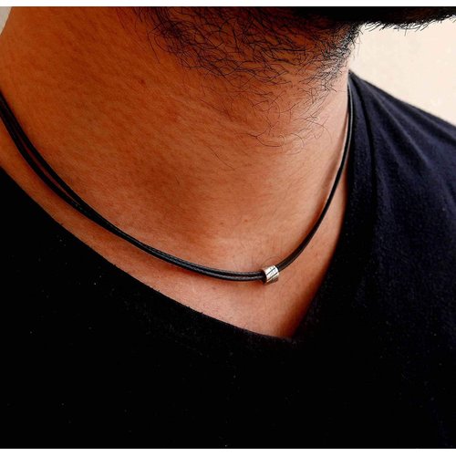 Galis Choker Necklace for Men - Leather Necklace Cord with Small Stainless Steel Bead Pendant - Our Mens Necklaces Are Stylish Gifts for Him - 17" Black Leather Necklace Cord Great as Surfer Necklace