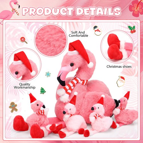 Blueweenly 18 Inch Christmas Flamingo Stuffed Animal Toy with 4 Small Christmas Plush Flamingo with Santa Hat Inside Pink Plushie Christmas Plush Decoration for Flamingo Party Decor